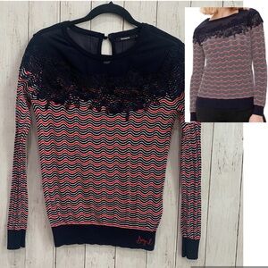 Desigual Women’s Jers Laura Sweater Navy Stripes Pullover Crochet Details Small